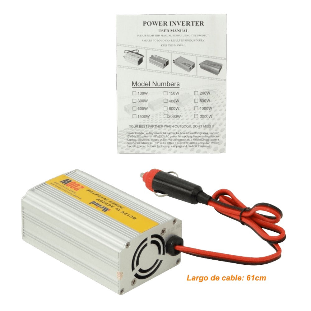 INV-200 MEIND 200W Convertidor 24/12VDC Entrada 220V Salida USB 5V Amperaje Alto Inversor Enchufe Automóvil