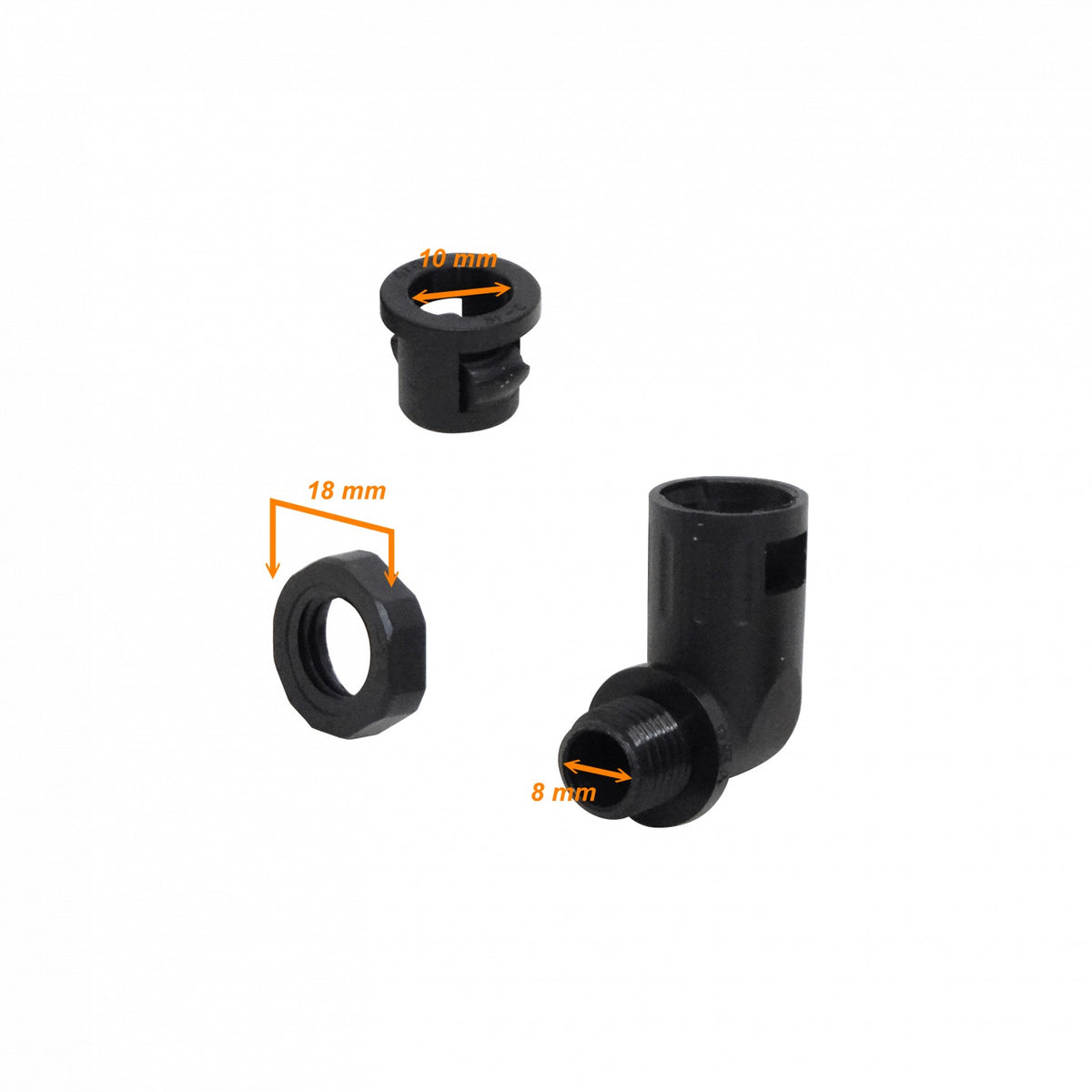 FLEP10-SC 10mm Conector Angular de Salida para Prensaestopas de Tubería Flexible Plástica Negro