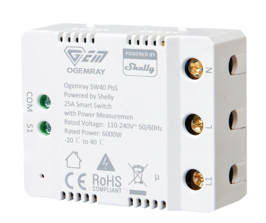 Relé Inteligente Ogemray 25 A / 6000 W con Medición de Energía, Wi-Fi y Bluetooth, Powered by Shelly