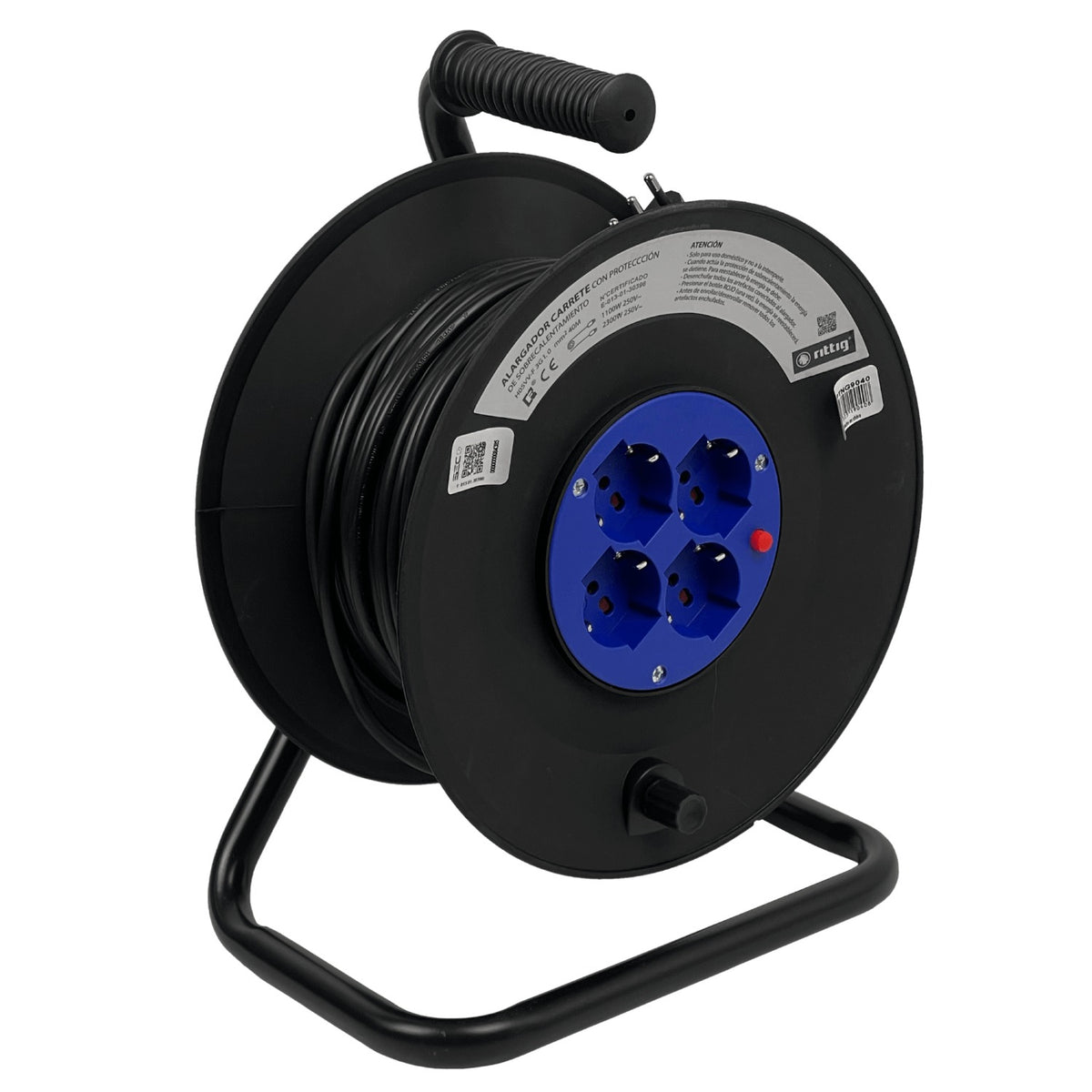 ALARG-440 RITTIG Alargador de carrete de 40 metros con 4 tomas multinorma con protección, 1 interruptor magnetotérmico de 16A y 250V