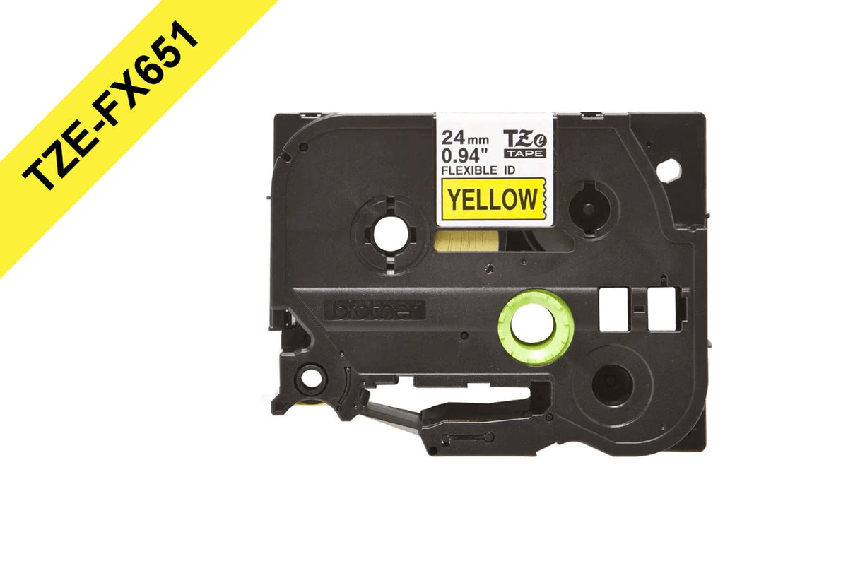 TZE-FX651 BROTHER Flex 24mm Negro en Fondo Amarillo Cinta 8mt p/PT-E550WVP/D600V