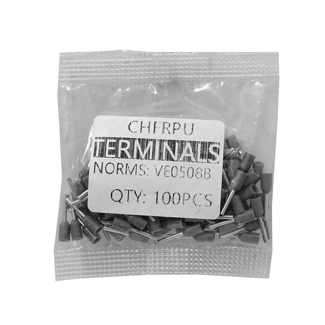 E0508-G Terminales Aislados de Virola para Crimpar, Gris, 0,5mm², 8/14mm, Paquete de 100 unidades, Calibre AWG22
