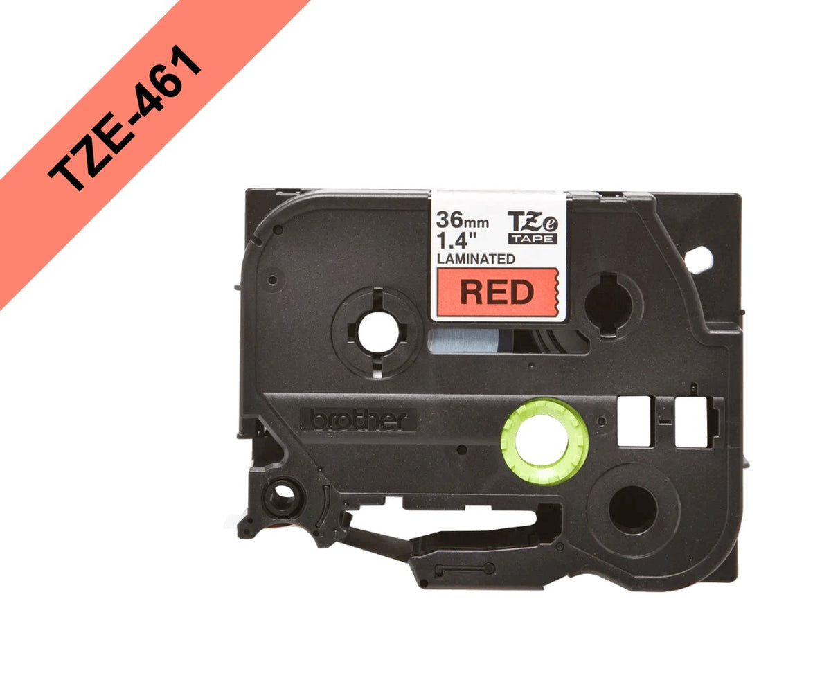 TZE-461 BROTHER Cinta de 36mm con texto negro sobre base roja, 8 metros de longitud, compatible con PT-P900W y PT-9700PC