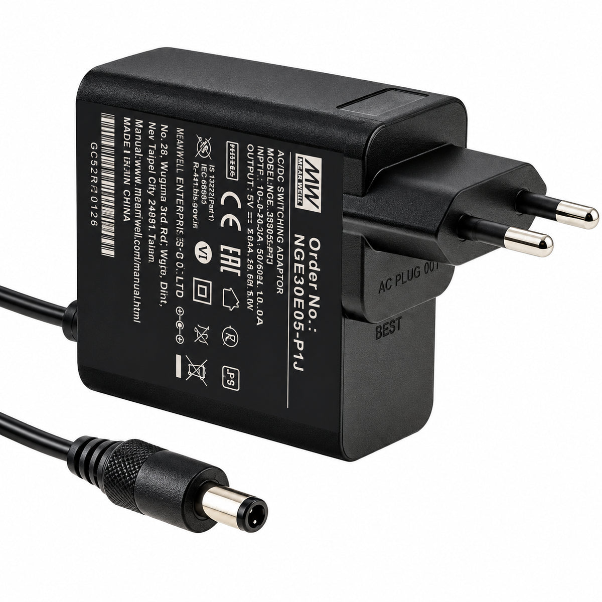 Adaptador de Pared AC/DC 24V 1.88A 45W Enchufe EU Conector P1J Mean Well NGE45E24-P1J