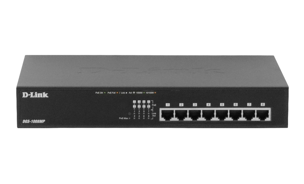 DGS-1008MP D-LINK Switch no administrable 8 puertos 1000 con PoE 48V af/at 140W total 802.3at para rack 240V vista 3