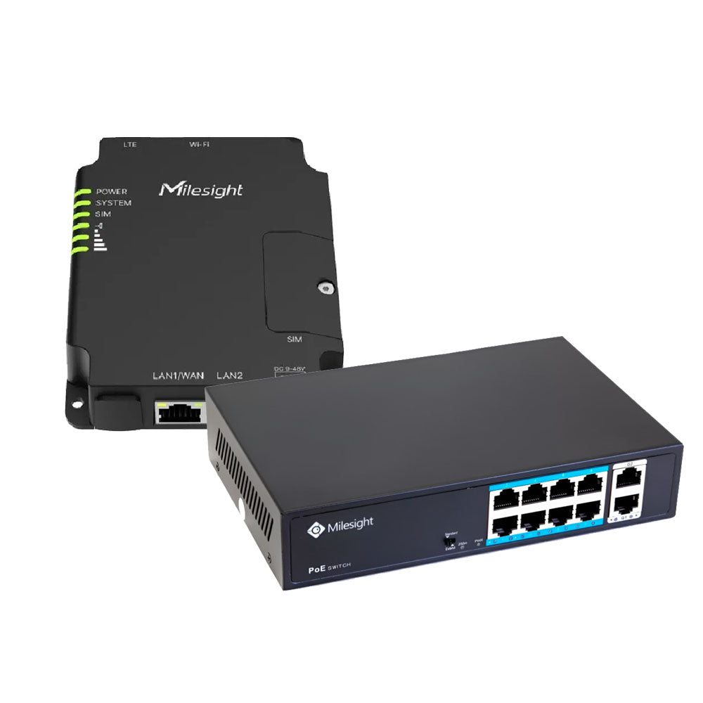 Pack Milesight para entornos industriales: Enrutador 4G LTE con alimentación PoE + Conmutador PoE de 8 bocas