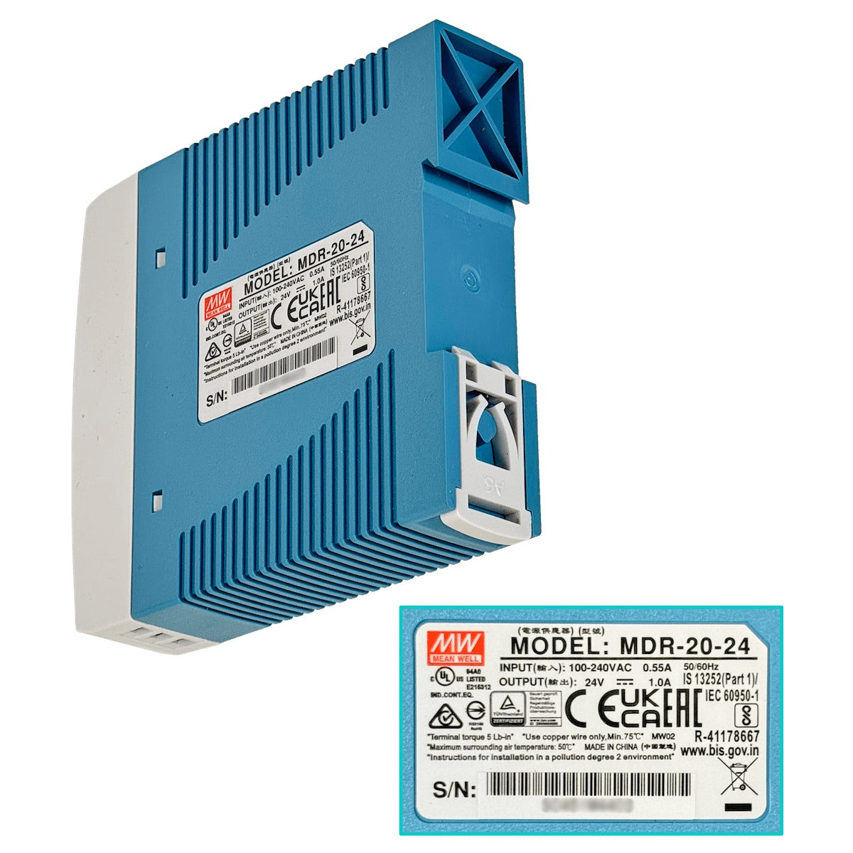 MDR-20-24 MEANWELL Fuente de alimentación 24VCC 24W 1A Regulable Ancho-24mm Carril-DIN vista 2