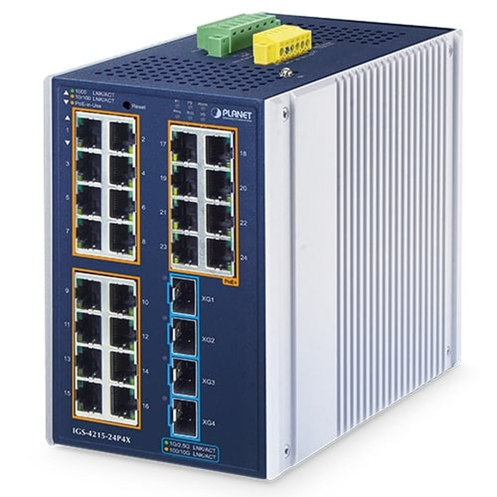Switch Industrial Administrable L2+ de 24 Puertos 10/100/1000T PoE+ 802.3at con 4 Puertos SFP+ 10G