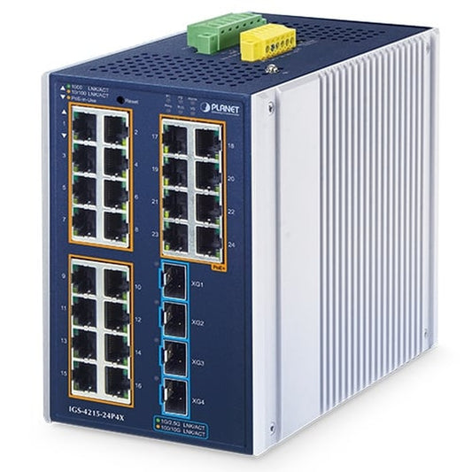 Switch Industrial Administrable L2+ de 24 Puertos 10/100/1000T PoE+ 802.3at con 4 Puertos SFP+ 10G