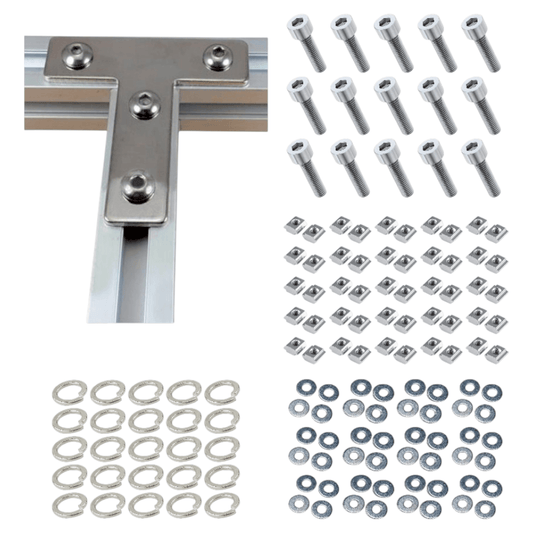 Conectores cromados en forma de T para riel TSLOT + Tornillos + Arandelas + Tuercas deslizantes (Set de 25 piezas)