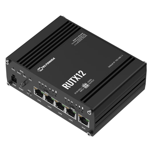 Enrutador de Conectividad Celular Teltonika RUTX12 para Entornos Industriales con Tecnología 3G/4G Cat6, Red Inalámbrica Dual Banda (2.4/5Ghz), Doble Ranura SIM, Doble Módem, Posicionamiento Global y Conectividad Bluetooth con Entradas/Salidas Digitales