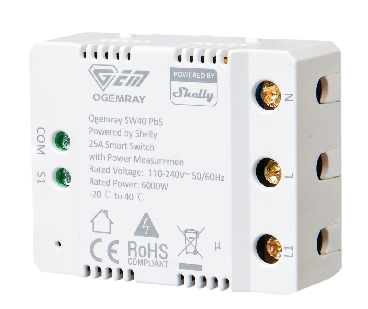 Relé Inteligente Ogemray 25 A / 6000 W con Medición de Energía, Wi-Fi y Bluetooth, Powered by Shelly