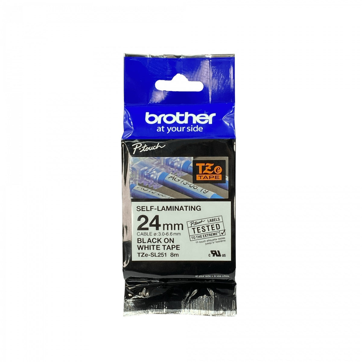 TZE-SL251 Cinta Auto Laminada BROTHER de 24mm, Impresión Negra sobre Fondo Blanco, 8 metros, para equipo PT-E56 vista 2