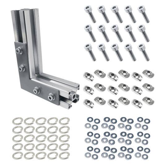 Escuadras de fijación tipo L con acabado mate para perfil TSLOT + Tornillos + Arandelas + Tuercas en T (Set de 25 piezas)